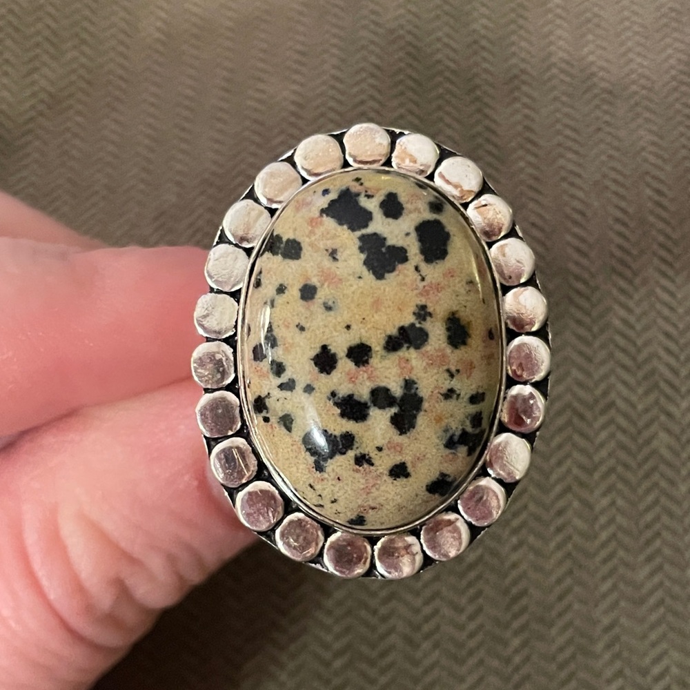 Dalmatian Jasper Oval 925 Silver Statement Ring